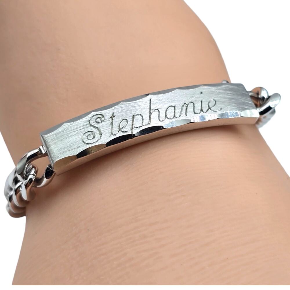 Vintage Name Stephanie Bracelet ID Name Plate Silver Tone Speidel Small Wrist 6"